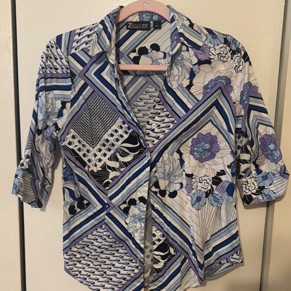 New York & Company Blue and Purple Geometric Floral Blouse